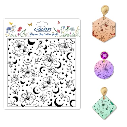 CHGCRAFT Flowers and Moon Polymer Clay Texture Sheets Leaves Seamless Pattern Silicone Texture Stamp Clay Texture Mat Modeling Pattern Pad Sheets for Jewelry and Earrings Tools, 5.5x5.5 inch - style: Flowers and Moon