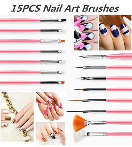FULINJOY 20PCS Nail Art Design Tools, 15PCS Painting Brushes Set with 5PCS Dotting Pens - color: 20pcs - pink