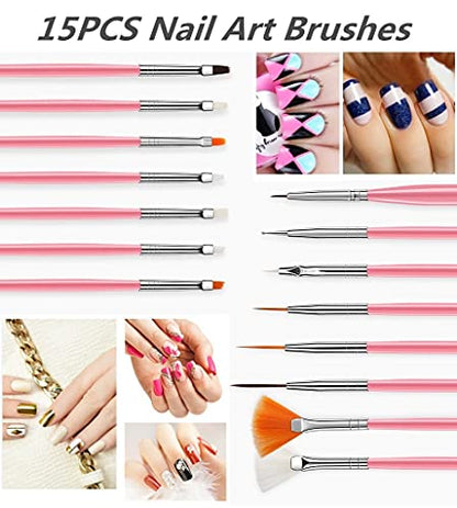 FULINJOY 20PCS Nail Art Design Tools, 15PCS Painting Brushes Set with 5PCS Dotting Pens - color: 20pcs - pink