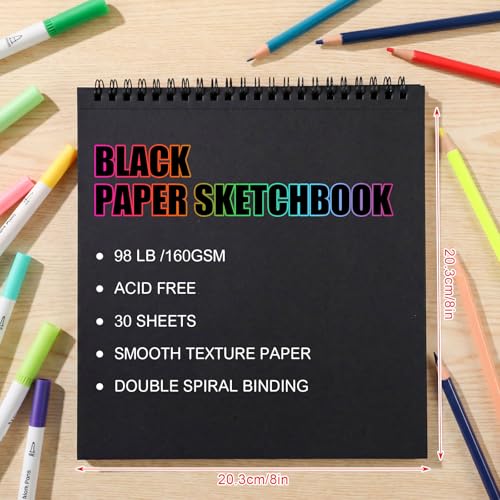 30 Sheets Black Paper Sketchbook, 98lb/160gsm Heavyweight Black Sketch Pad 8×8in, Acid-Free Drawing Paper, Spiral Bound Sketch Book for Teens, Artist - size: 8×8 Inch (1 pack)