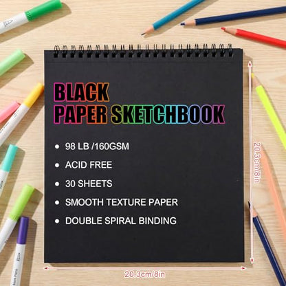 30 Sheets Black Paper Sketchbook, 98lb/160gsm Heavyweight Black Sketch Pad 8×8in, Acid-Free Drawing Paper, Spiral Bound Sketch Book for Teens, Artist - size: 8×8 Inch (1 pack)