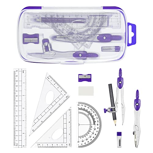 Vobou Math Geometry Kit Sets 10 Piece Student Supplies with Shatterproof Storage Box,Includes Rulers,Protractor,Compass,Eraser,Pencil Sharpener,Lead Refills,Pencil,for Drafting（Purple） - color: Purple