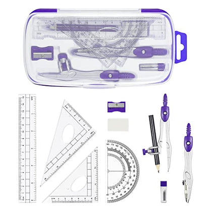 Vobou Math Geometry Kit Sets 10 Piece Student Supplies with Shatterproof Storage Box,Includes Rulers,Protractor,Compass,Eraser,Pencil Sharpener,Lead Refills,Pencil,for Drafting（Purple） - color: Purple