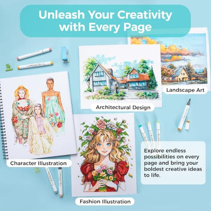 Ohuhu Double-Sided Marker Pad Sketchbook Bleedproof - 11"x14" Large Paper Size - 160 LB/280 GSM Heavyweight Smooth Drawing Paper - 50 Sheets/100 Pages - Spiral-Bound Sketch Book for Alcohol Markers - size: 11" x 14"