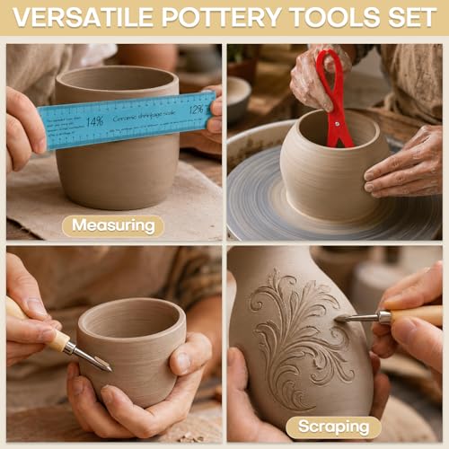 7Pcs Pottery Tools Set Includes Clay Sculpture Ceramic Shrinkage Scale Ruler, Standard Ruler, Bent-Leg Plastic Caliper, Stainless Steel Circular Clay Hole Cutters for Carving Shaping Modeling Drilling