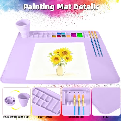 Silicone Painting Mat, 20"X16" Craft Mat,Large Art Mat with Built in Cup and Paintbrush Holder, Nonslip Clay Mats, Color Dividers Silicone Mats for Painting, Table, Resin and DIY Purple - color: Purple