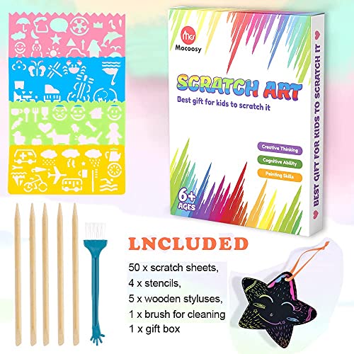Mocoosy 60 PCS Rainbow Scratch Art Paper for Kids, Magic Scratch Paper Off Set Art and Craft Supplies, Black Scratch Pads Party Game Activities Birthday Gifts for Girls Boys 3 4 5 6 7 8 9 Years Old