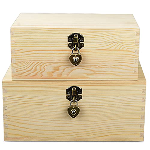 Wooden Storage Box with Lock and Keys Set of 2 Wood Decorative Boxes with Hinged Lids and Latch DIY Craft Keepsake Box Case Treasure Organizer for Letter Photo Jewelry Trinkets Gadget Natural Wood - color: Natural Wood