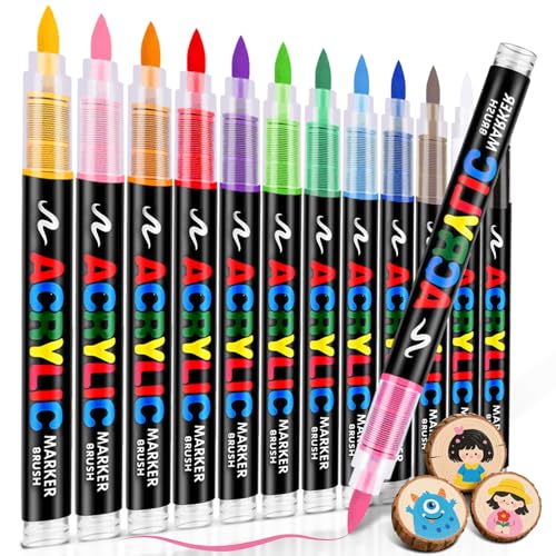 Acrylic Paint Markers Brush Tip 12 Colors, Water-Based Acrylic Colored Paint Pens No-Bleed Coloring Markers with Direct-Liquid Ink Control, Waterproof Acrylic Paint Pens for Rock Painting, Wood - color: 12 Colors
