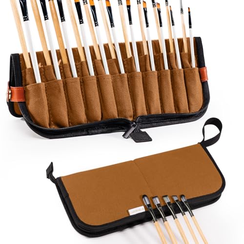 Stand Up Canvas Paint Brush Holder Case for Artists, 22 Slots Brush Organizer with Pop-Up Stand, Zippered Travel Paint Brush Storage Bag for Acrylic Oil Watercolor Brushes, Portable Paintbrush Case - color: Caramel Brown, size: Medium 6*11"