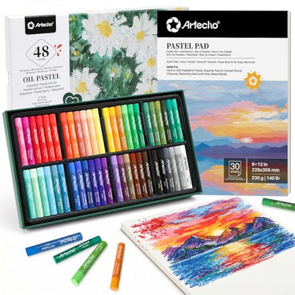 Artecho Oil Pastels Set of 48 Colors (10 x 70 mm) | With Pastel Paper Pad, For Art Painting, Drawing, Blending, For Artists, Beginners, Students, Teachers - style: 48 Colors with paper pad