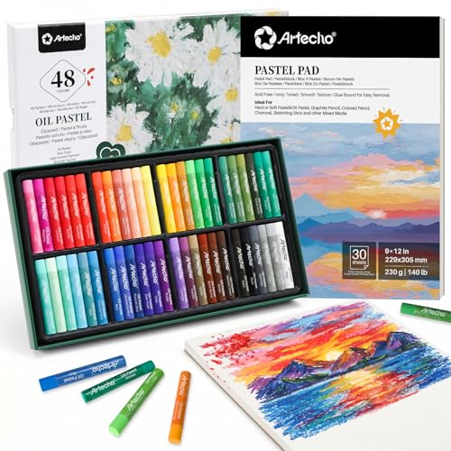 Artecho Oil Pastels Set of 48 Colors (10 x 70 mm) | With Pastel Paper Pad, For Art Painting, Drawing, Blending, For Artists, Beginners, Students, Teachers - style: 48 Colors with paper pad