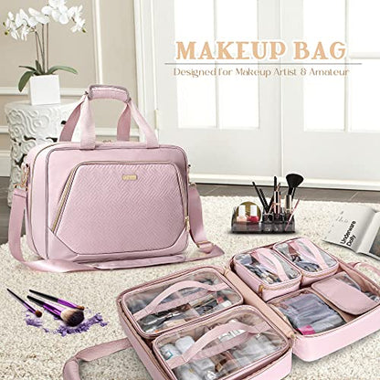 Professional Makeup Artist Travel Case with 4 Detachable Cosmetic Bags, Large Make up Organizer Bag with Makeup Kit Storage Section and Hair Tools Pocket, Pink (Empty Bag Only) - color: Pink