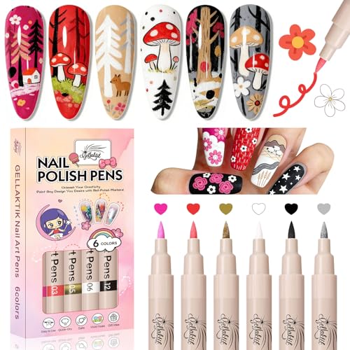 6 Colors Nail Art Pens Set, 3D Nail Polish Pens Quick-Drying Acrylic Paint Markers, Dotting Liner Brush for DIY Nail Design, Home & Salon Manicure Tools - color: red