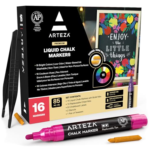 ARTEZA Liquid Chalk Markers, Set of 16 Bright Colors, Water-Based Erasable Chalk Pens with Replaceable Tips, Labels, Stencils & Tweezers for Chalkboards, Glass, Windows & Mirrors - color: Bright