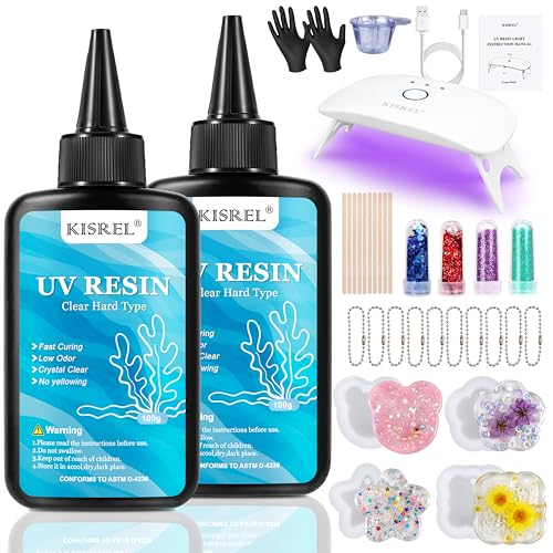 KISREL UV Resin Jewelry Making Kit, 200g Crystal Clear Resin with Light and Molds, DIY Jewelry Making Kit, Resina Starter Kit for Keychain and Earring - size: UV200g+8Lamp Beads