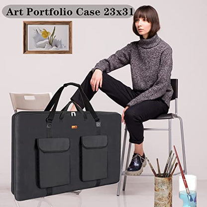 TreochtFUN Art Portfolio 23 X 31in - Portfolio Case A2 Heavy duty Portfolio Folder for Artwork With Shoulder Strap, Art Supply Bag For Large Painting Board Supplies (Black) - size: 23 x 31