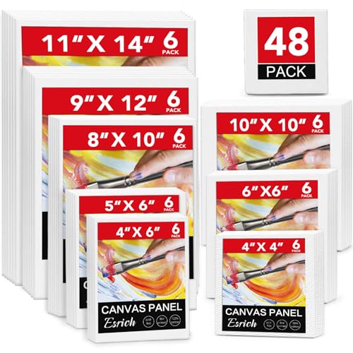 ESRICH 48 Pack Canvas Boards for Painting, 6Pcs of 4x4, 4x6, 5x6, 6x6, 8x10, 10x10, 9x12, 11x14 Canvas for Painting, Cotton Primed Blank Painting Canvas Panels for Oil, Acrylic, Watercolor - size: 48 Pack(4x4 4x6 5x6 6x6 8x10 10x10 9x12 11x14)