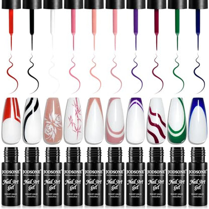 JODSONE Nail Art Gel Liner Set 10 Colors White Red Black White Gel Nail Polish Need U V Lamp Cured with Thin Brush,Gifts for Women - color: 10colors set-2