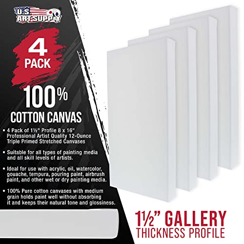 U.S. Art Supply Medium Stretched Canvas for Painting 8x16 inch Gallery Depth 1-1/2" Thick, 4-Pack - 12oz Acrylic Gesso Triple Primed, Professional Artist Quality, 100% Cotton - Oil, Pouring Paint - size: 8" x 16"
