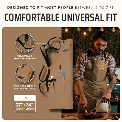Asaya Chef and BBQ Apron with Bottle Opener and Hand Towel - 10oz Cotton Canvas, Stainless Steel Hardware - Cross Back Straps - color: Tan