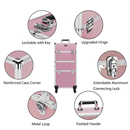 mefeir 2 in 1 Rolling Makeup Train Case, Makeup Travel Organizer Cosmetology Case, Aluminum Cosmetic Display Suitcase on Wheels, Beauty Storage Luggage Lockable w/4 Removable Wheels (Pink) - color: 2IN1 Pink