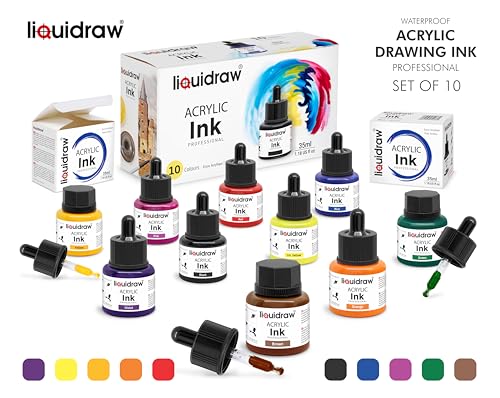 Liquidraw Acrylic Drawing Ink - 10 x 1.18 fl oz (35 ml) Bottles with Ink Dropper | Suitable for Painting, Art Drawing & Design | Great for Professionals, Artists, Students & Hobbyists | Craft Gift