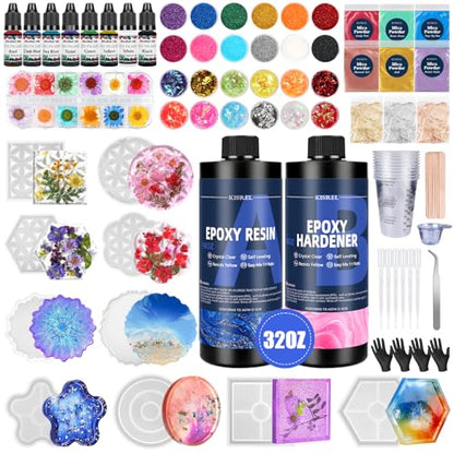 KISREL Epoxy Resin Kit for Beginners, 32oz Resin Kit with Coaster Molds, Complete Accessories Include Pigment, Mica Powders, Dried Flowers, Glitter, Measuring Cups and Other Resina Supplie - size: 32oz kit