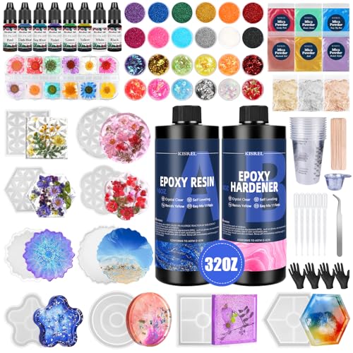 KISREL Epoxy Resin Kit for Beginners, 32oz Resin Kit with Coaster Molds, Complete Accessories Include Pigment, Mica Powders, Dried Flowers, Glitter, Measuring Cups and Other Resina Supplie - size: 32oz kit