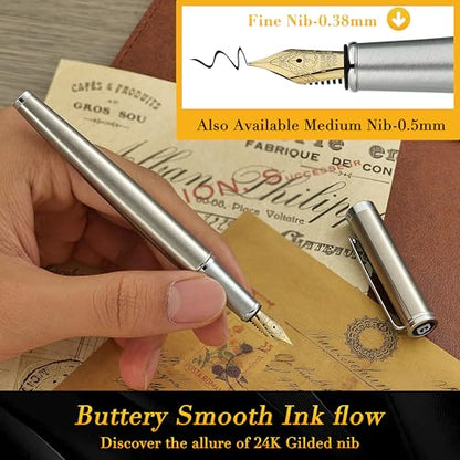 BEILUNER Luxury Fountain Pen Set, Solid 24K Gilded Fine Nib, Silver Stainless Steel Body- Includes 6 Ink Cartridges & Ink Refill Converter with Gift Case - Perfect for Men and Women - color: Silver, style: Fine Nib