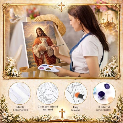 8 Sets 8" x 10" Jesus Pre Drawn Canvas to Paint for Sip and Paint Party Jesus Predrawn Coloring Set Pre Sketched Canvas Boards with Paints and Brushes for Adult - style: Jesus