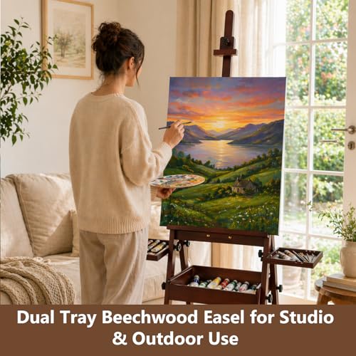 Large Wooden H-Frame Studio Easel with Storage Drawer and Palettes, Solid Beechwood Painting Easel for Students, Beginners, and Artists, Hold Canvas to 36Inches High, Walnut - style: Side Trays Walnut
