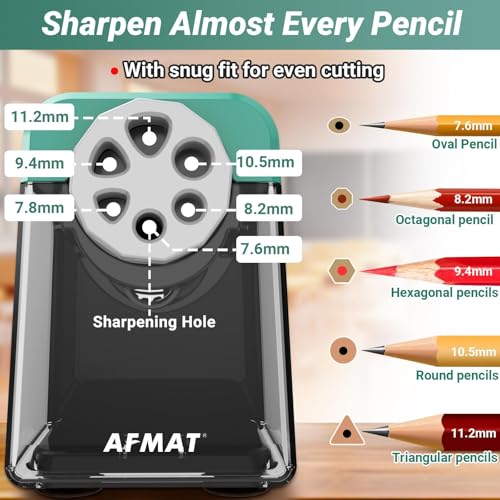 AFMAT Heavy Duty Electric Pencil Sharpener, 6 Holes, Auto Stop Pencil Sharpeners for 6-11mm Pencils, Classroom Electric Sharpener for Artists, 7000 Sharpenings, Save Pencils, PSX1 - color: Green