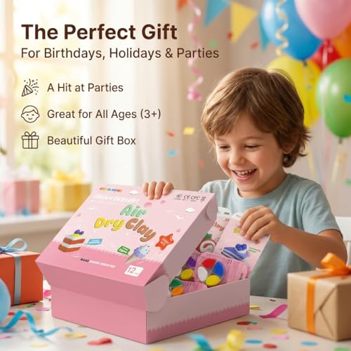 Air Dry Clay for Kids - 12 Dream Dessert Designs Modeling Clay Kit - Model Sculpting Set, Ultra Soft Safe & Non-Sticky | DIY Crafts, School Projects & Party Favors for Boys & Girls