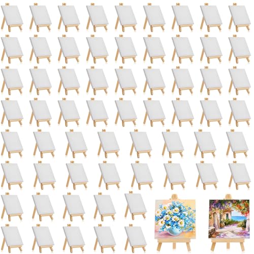 Mimorou 64 Pack Mini Canvas with Easel Sets for Painting Small Art Stretched Canvas Panels Pack with Wood Display Easel for Classroom Crafts, Art Projects, Birthday Paint Party Favors (6 x 6 Inch) - size: 6 x 6 Inch