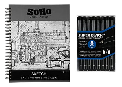 Jerry's Artarama Drawing Kit - SoHo Sketch Pad (9" x 12"), 8 Fineliner Art Pens, Perfect for Drawing Markers - Portable Sketching Pens Set for Artists, Students, Perfect for Field and Travel