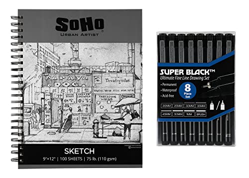 Jerry's Artarama Drawing Kit - SoHo Sketch Pad (9" x 12"), 8 Fineliner Art Pens, Perfect for Drawing Markers - Portable Sketching Pens Set for Artists, Students, Perfect for Field and Travel