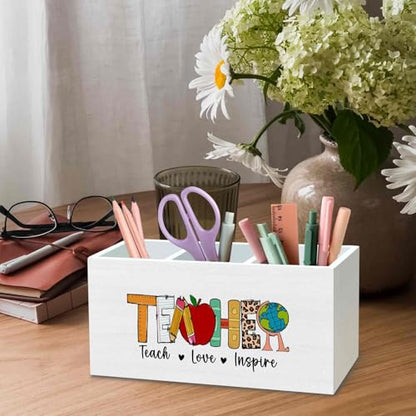 DILSJ Teacher Appreciation Gifts Pen Pencil Holder Organizer for Desk, Cute Teacher Gifts,Funny Teach Love Inspire Wooden Box Signs for Women New Teacher Desk Tabletop Office & School Supplies - color: Love-inspire