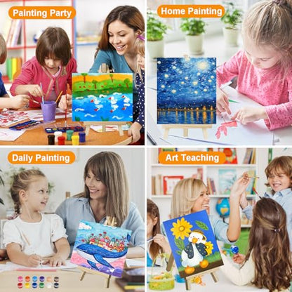 16 Pack Canvas Painting Kit, 8 x 10 inch Canvas and Easel Set Bulk with 12 Colors Acrylic Paint, Brushes, Palettes, Sip and Paint Kit for Adults Beginners Party Supplies