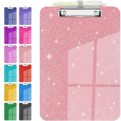 Sparkly Clipboard with Pen Holder, Clear Plastic Glitter Clip Board, Hanging Shiny Clipboards with Low Profile Metal Clip, Letter A4 Size for Taecher Women Office School (Clear Pink) - color: Clear Pink