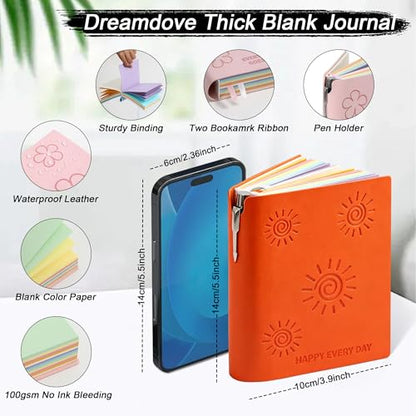 Thick Blank Journal Notebook 400 Pages With Pen Holder 100gsm Thick Color Blank Pages ， A6 Unlined Plain Sketchbook ，No Lines Soft Leather Small Blank Notebook For Women Drawing Book Memo Writing Sketch Diary Hardcover Notebook3.9 × 5.5(Happy Every Day- P