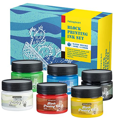 Falling in Art Water-Soluble Block Printing Ink, 6-Color Printmaking Ink Set for Linoleum Block, 3.5 floz
