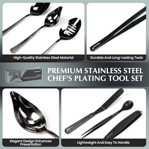 9-Piece Professional Culinary Plating Set, Black Stainless Steel Chef Plating Tools with Storage Roll & Cleaning Cloth for Food Presentation