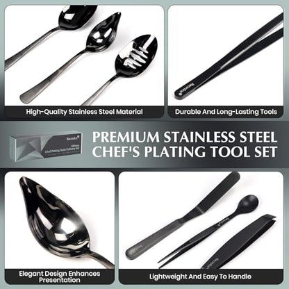 9-Piece Professional Culinary Plating Set, Black Stainless Steel Chef Plating Tools with Storage Roll & Cleaning Cloth for Food Presentation