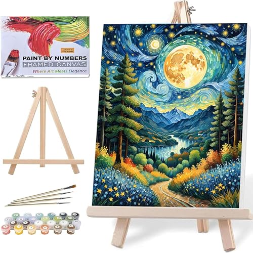 ldazao Moon Paint by Numbers Kit for Adults Beginner Forest Adult with Frame Wooden Easel Paint by Number Kits for Gift Home Wall Decor 16x20 Inch - color: FrameZ0018