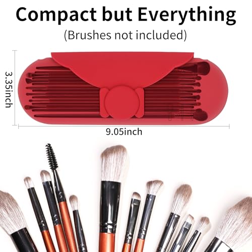 Travel Makeup Brush Holder with Cleaning Pad -Silicone Brush Organizer Case, Magnetic Closure Waterproof Cosmetic Bag for Easy Storage & On-the-Go Cleaning (9.05 Inch) - color: Red