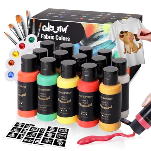 Colorful Permanent Fabric Paint, 14 Colors Soft Fabric Paint in Bottles (30ml/1oz) with Brushes, Palette, Non-Toxic Textile Paint for Creative DIY Clothes, T-Shirts, Shoes Art and Crafts - color: (1 Fl Oz)14 Colors