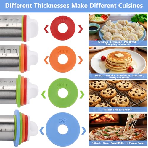 2 Pack Rolling Pin with a Silicone Baking Pastry Mat, Adjustable Rolling Pin with Thickness Rings, 17" Dough Roller for Baking Pizza, Pastry and Cookies, Kitchen Essential