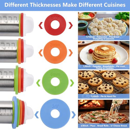 2 Pack Rolling Pin with a Silicone Baking Pastry Mat, Adjustable Rolling Pin with Thickness Rings, 17" Dough Roller for Baking Pizza, Pastry and Cookies, Kitchen Essential