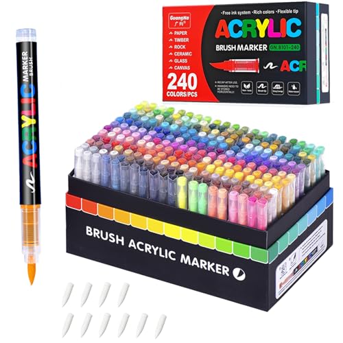 Guangna 240 Colors Acrylic Paint Markers, Brush Tip Paint Pens with Direct-Liquid Ink Control for Rock Painting, Wood, Canvas, Glass, Fabric & Crafts - color: 240 Colors